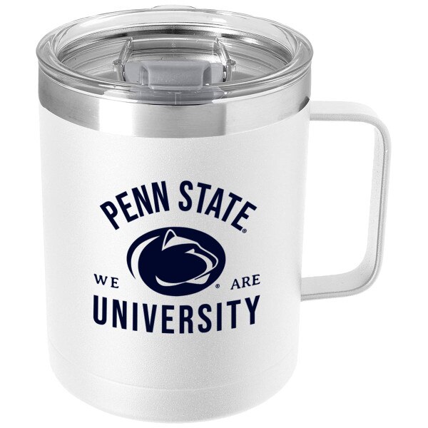 white stainless steel travel mug with Penn State University, Athletic Logo, and We Are